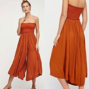 Free People Once Upon a Rainbow Pumpkin Orange Smocked Wide Leg Jumpsuit XS